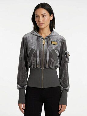 PHILIPPE PLEIN LIMITED EDITION GREY SILVER BEADED VELVET ZIP UP HOODIE JACKET